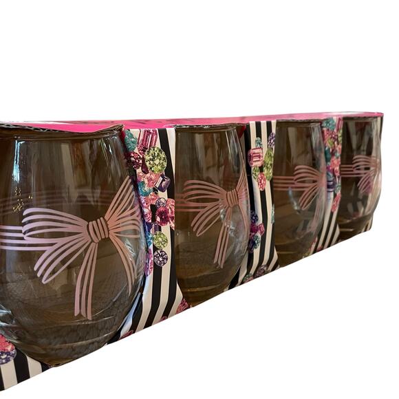 Betsey Johnson Pink Bow Stemless Wine Glasses Set of 4 Valentine's Day New - Picture 8 of 16